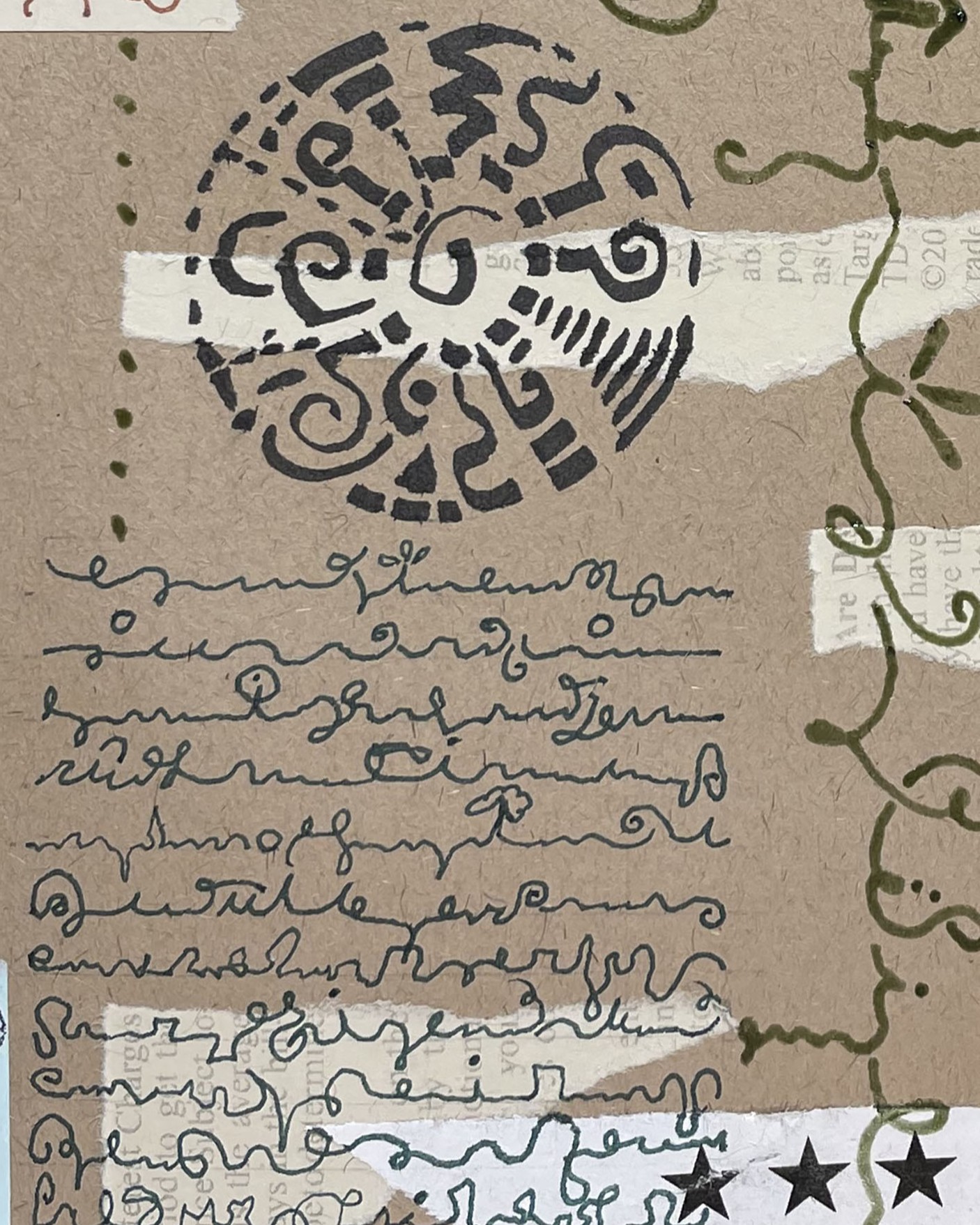 Asemic example: journal page with stamped spiral and cursive lines